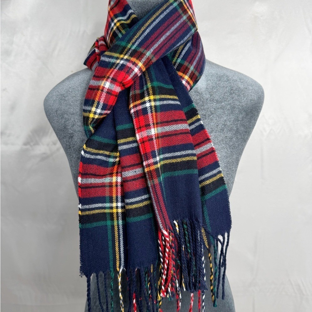 Little Green Apple Tartan Plaid Scarf Navy Red Fringe 74x12 NWT